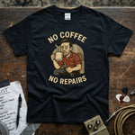 No Coffee No Repairs Mechanic Shirt featuring a cartoon mechanic enjoying coffee on a black tee.