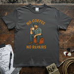 No Coffee No Repairs Mechanic Shirt featuring a man drinking coffee, illustrated on a premium quality gray t-shirt.