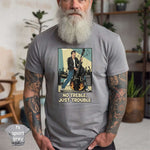 No Treble Just Trouble | Funny Bass Player Musician Shirt, featuring a rocker bass player graphic on a grey tee.