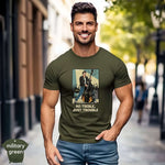 No Treble Just Trouble | Funny Bass Player Musician Shirt worn by a man in military green on a city street