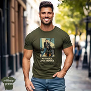 No Treble Just Trouble | Funny Bass Player Musician Shirt worn by a man in military green on a city street