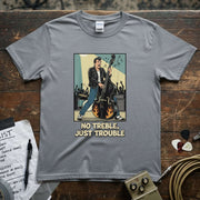 No Treble Just Trouble | Funny Bass Player Musician Shirt featuring a cool bassist graphic on a soft grey tee.