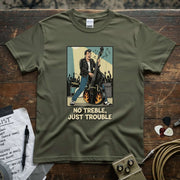 No Treble Just Trouble | Funny Bass Player Musician Shirt featuring a lively bass player.