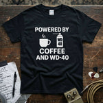 Powered by Coffee and WD-40 Shirt in black, featuring a coffee cup and WD-40 spray graphic.