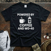 Powered by Coffee and WD-40 Shirt in black, featuring a coffee cup and WD-40 spray graphic.