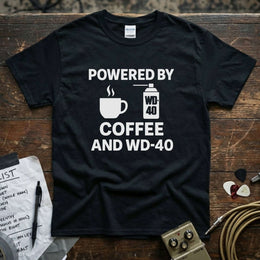Powered by Coffee and WD-40 Shirt in black, featuring a coffee cup and WD-40 spray graphic.