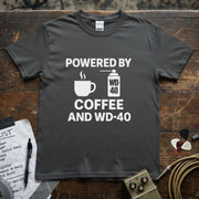 Powered by Coffee and WD-40 Shirt in gray, showcasing a fun design for coffee and DIY enthusiasts.