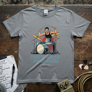 Professional Noisemaker | Funny Drummer Musician Shirt featuring a drummer hitting hard with vibrant colors.