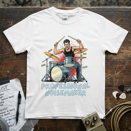 Professional Noisemaker | Funny Drummer Musician Shirt featuring a drummer hitting hard on a vibrant tee.