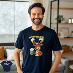 Reinbeer – Drunk Reindeer With Beer Shirt worn by a smiling man in a navy tee, showcasing its vibrant design.