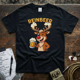 Reinbeer – Drunk Reindeer With Beer Shirt featuring a playful reindeer holding a beer, perfect for fun-loving holiday vibes.