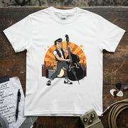 Rockabilly Bass Player Shirt featuring a cartoon bass player with a vibrant background and a modern fit.