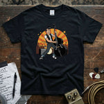 Rockabilly Bass Player Shirt featuring a cartoon bassist with vibrant DTG print on a black tee.