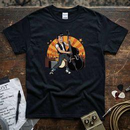 Rockabilly Bass Player Shirt featuring a cartoon bassist with vibrant DTG print on a black tee.