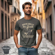 Rockabilly Musician – Like a Normal Musician, Just Way Cooler Shirt showcased on a man in a city setting.