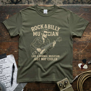 Rockabilly Musician – Like a Normal Musician, Just Way Cooler Shirt on a vintage wooden table showcasing guitar picks.