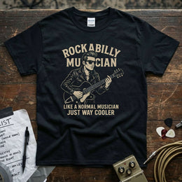 Rockabilly Musician – Like a Normal Musician, Just Way Cooler Shirt displayed on a black tee with guitar illustration.