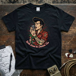 Rockin’ Around the Christmas Tree – Rockabilly Singer Shirt featuring a retro singer design on a black tee.