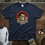 The Runaway Boys - Official Band Merch T-Shirt featuring a vintage skull and microphone design.