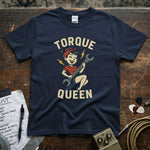 Torque Queen Shirt displayed on a navy tee with a vintage cartoon design featuring a girl holding a wrench.