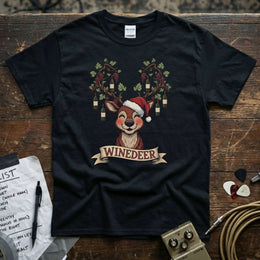 Winedeer – Reindeer With Wine Bottles Shirt featuring a playful design with a reindeer in a Santa hat.