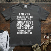 World’s Greatest Mechanic Shirt featuring bold text on a gray premium tee from Lucky Spark.